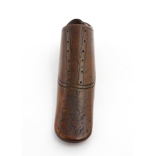 1355 - Treen : A 19thC shoe snuff box with incised decoration. Approx. 3 3/4