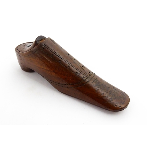 1355 - Treen : A 19thC shoe snuff box with incised decoration. Approx. 3 3/4