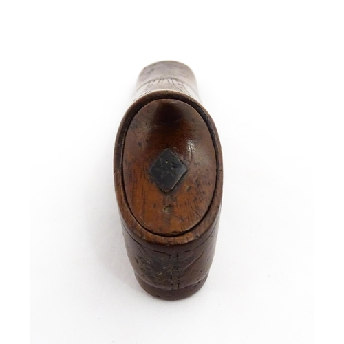 1355 - Treen : A 19thC shoe snuff box with incised decoration. Approx. 3 3/4