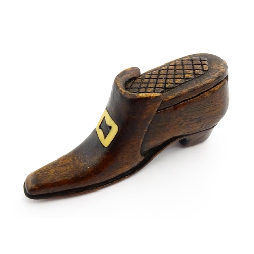 1356 - Treen : A 19thC shoe snuff box with carved sliding lid and inlaid buckle decoration. Approx. 3 3/4