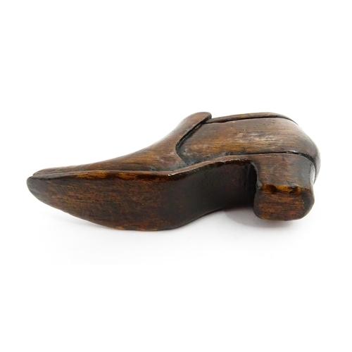 1356 - Treen : A 19thC shoe snuff box with carved sliding lid and inlaid buckle decoration. Approx. 3 3/4