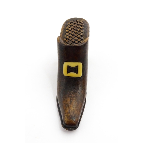 1356 - Treen : A 19thC shoe snuff box with carved sliding lid and inlaid buckle decoration. Approx. 3 3/4