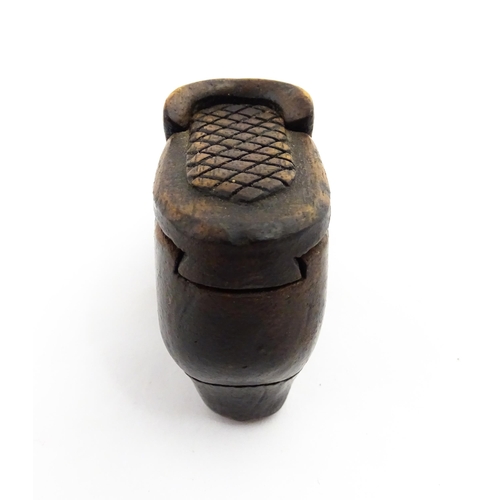 1356 - Treen : A 19thC shoe snuff box with carved sliding lid and inlaid buckle decoration. Approx. 3 3/4