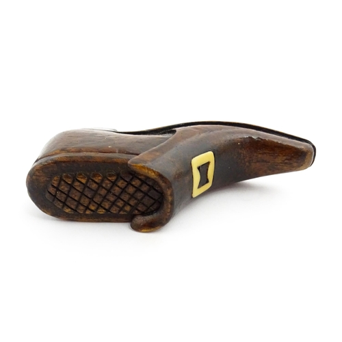 1356 - Treen : A 19thC shoe snuff box with carved sliding lid and inlaid buckle decoration. Approx. 3 3/4