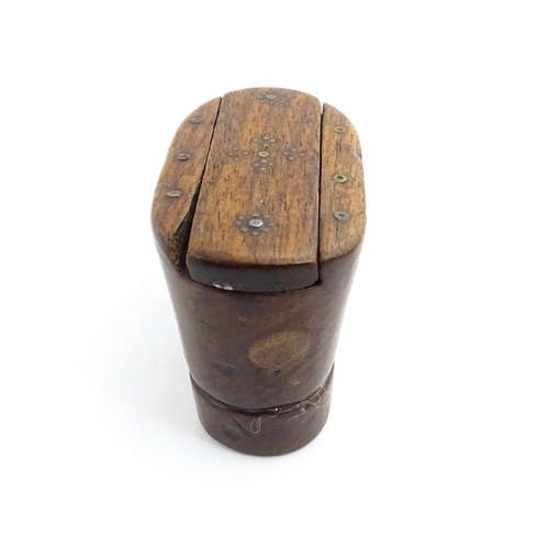 1357 - Treen : A 19thC shoe snuff box with sliding lid and inlaid brass studwork decoration. Approx. 3 3/4