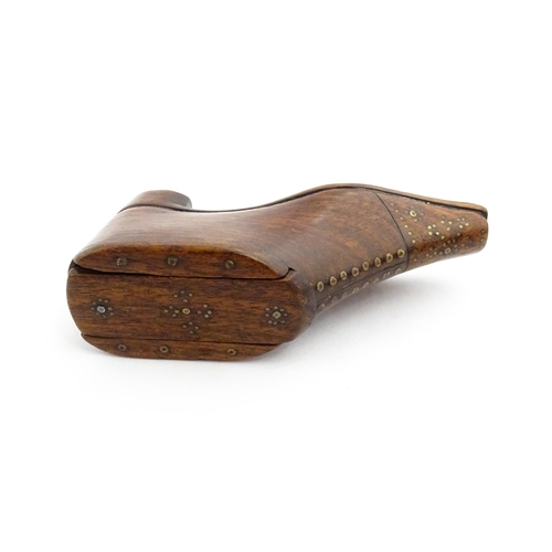 1357 - Treen : A 19thC shoe snuff box with sliding lid and inlaid brass studwork decoration. Approx. 3 3/4