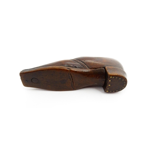 1359 - Treen : A 19thC novelty puzzle shoe snuff box with unusual pivoting lid to base. Approx. 4 1/4