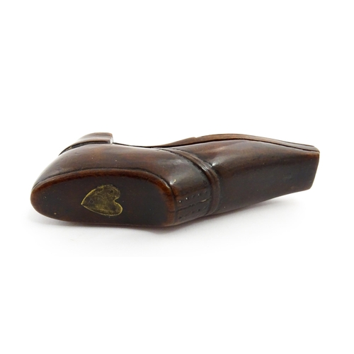 1359 - Treen : A 19thC novelty puzzle shoe snuff box with unusual pivoting lid to base. Approx. 4 1/4