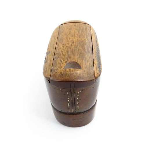 1361 - Treen : A large late 19thC shoe snuff box / table snuff with sliding lid and inlaid brass studwork d... 