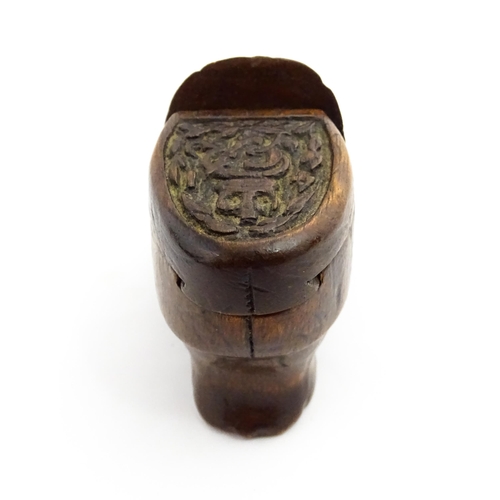 1363 - Treen : An early 20thC shoe snuff box of boot form with sliding lid, applied penwork buckle detail a... 