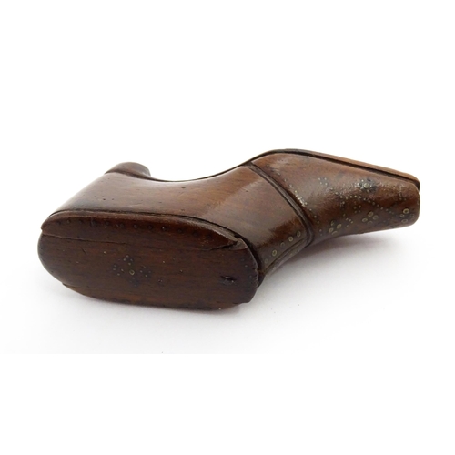 1365 - Treen : A 19thC shoe snuff box with sliding lid and inlaid brass studwork decoration. Approx. 3 3/4