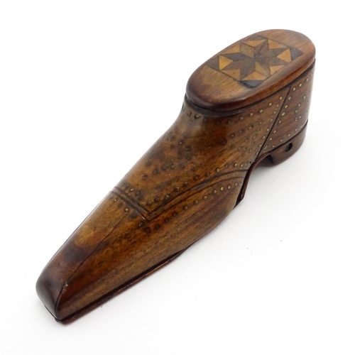 1366 - Treen : A 19thC unusual shoe snuff box with marquetry detail to top and inlaid brass studwork decora... 