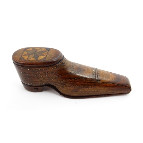 1366 - Treen : A 19thC unusual shoe snuff box with marquetry detail to top and inlaid brass studwork decora... 