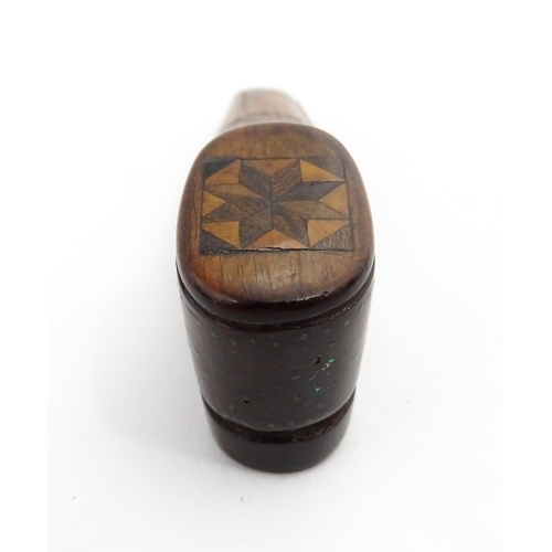 1366 - Treen : A 19thC unusual shoe snuff box with marquetry detail to top and inlaid brass studwork decora... 