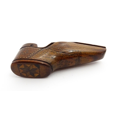 1366 - Treen : A 19thC unusual shoe snuff box with marquetry detail to top and inlaid brass studwork decora... 