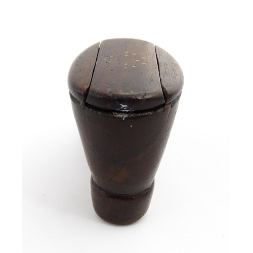 1367 - Treen : A 19thC shoe snuff box with sliding lid and inlaid brass studwork decoration. Approx. 3 1/2