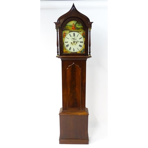 1643 - A 19thC mahogany 8-day longcase clock with arch shaped hood, the painted dial with Roman numerals, s... 