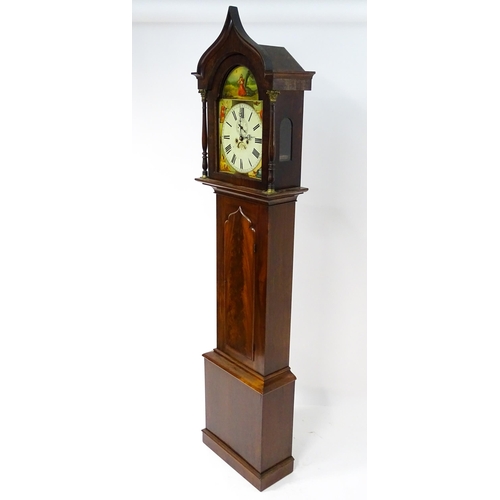 1643 - A 19thC mahogany 8-day longcase clock with arch shaped hood, the painted dial with Roman numerals, s... 