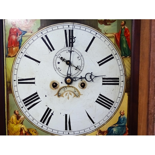 1643 - A 19thC mahogany 8-day longcase clock with arch shaped hood, the painted dial with Roman numerals, s... 