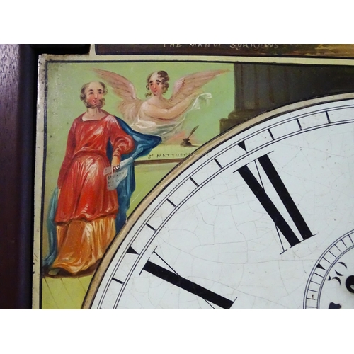 1643 - A 19thC mahogany 8-day longcase clock with arch shaped hood, the painted dial with Roman numerals, s... 