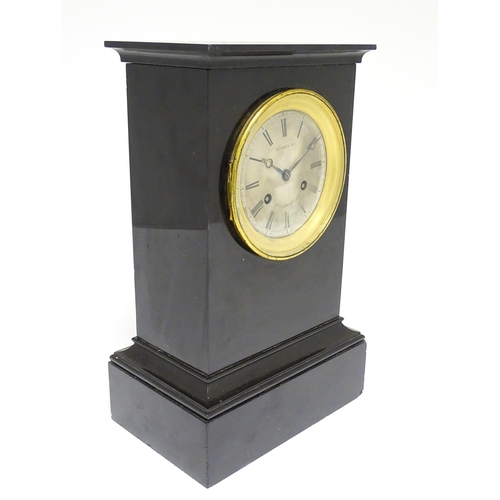 1647 - A 19thC French slate cased mantle clock. The engine turned dial signed 'Richond Ft. ...Monmatre..' T... 