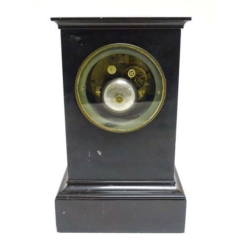 1647 - A 19thC French slate cased mantle clock. The engine turned dial signed 'Richond Ft. ...Monmatre..' T... 