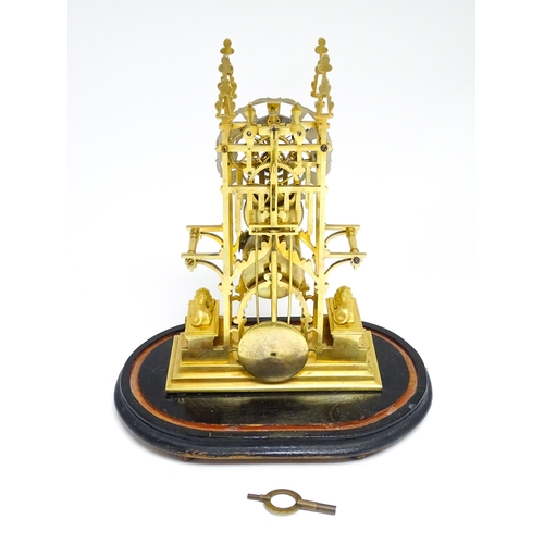 1649 - A Victorian brass skeleton clock, with fusee movement, silvered chapter ring  with Roman numerals an... 