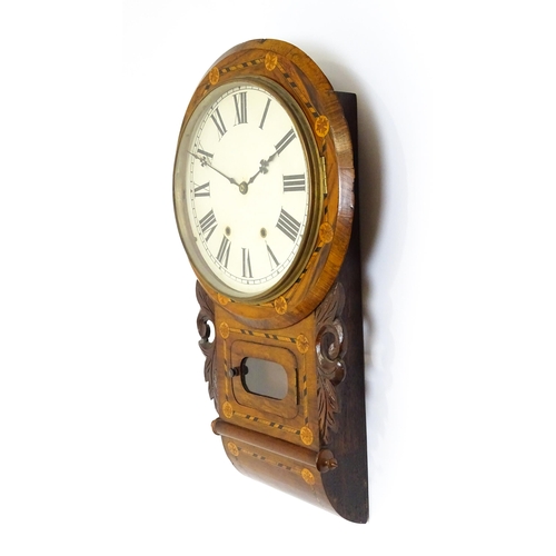 1651 - A Victorian drop dial wall clock, the walnut case with cross banded and satinwood  marquetry inlay. ... 