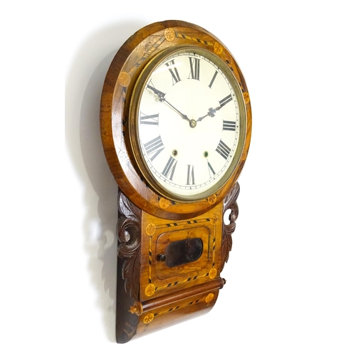 1651 - A Victorian drop dial wall clock, the walnut case with cross banded and satinwood  marquetry inlay. ... 