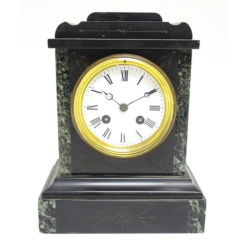 1655 - A French slate and marble cased mantle clock with white enamel dial with Roman chapter ring and 8-da... 