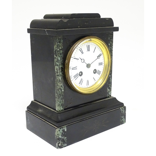 1655 - A French slate and marble cased mantle clock with white enamel dial with Roman chapter ring and 8-da... 