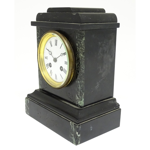 1655 - A French slate and marble cased mantle clock with white enamel dial with Roman chapter ring and 8-da... 