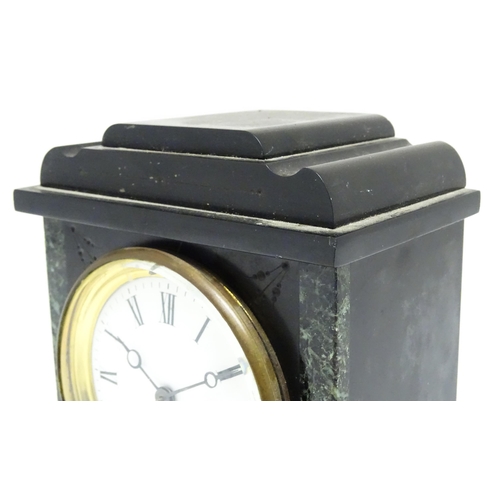 1655 - A French slate and marble cased mantle clock with white enamel dial with Roman chapter ring and 8-da... 