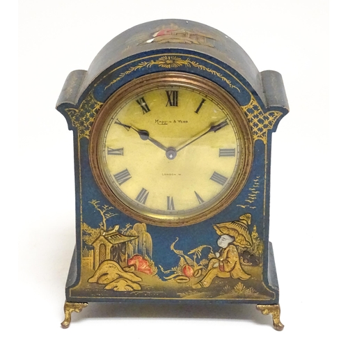 1661 - An early 20thC mantle clock with blue chinoiserie decorated case, the brass dial signed Mappin & Web... 