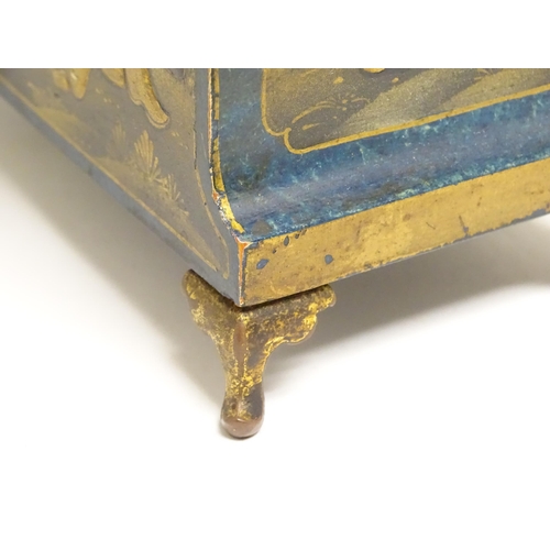 1661 - An early 20thC mantle clock with blue chinoiserie decorated case, the brass dial signed Mappin & Web... 