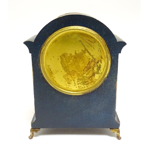 1661 - An early 20thC mantle clock with blue chinoiserie decorated case, the brass dial signed Mappin & Web... 