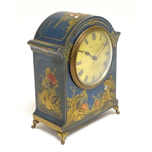 1661 - An early 20thC mantle clock with blue chinoiserie decorated case, the brass dial signed Mappin & Web... 