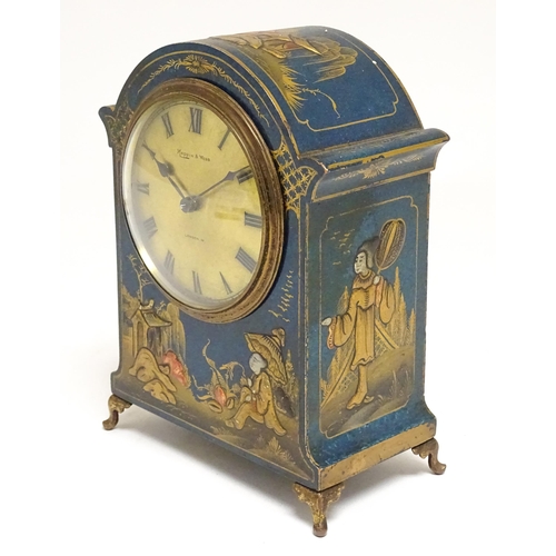 1661 - An early 20thC mantle clock with blue chinoiserie decorated case, the brass dial signed Mappin & Web... 