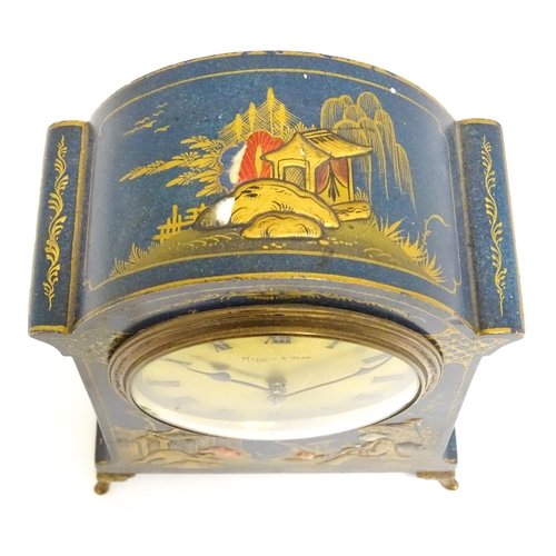 1661 - An early 20thC mantle clock with blue chinoiserie decorated case, the brass dial signed Mappin & Web... 