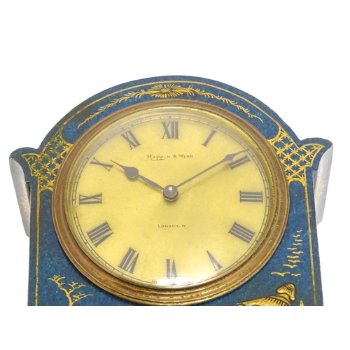 1661 - An early 20thC mantle clock with blue chinoiserie decorated case, the brass dial signed Mappin & Web... 