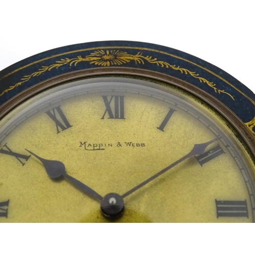 1661 - An early 20thC mantle clock with blue chinoiserie decorated case, the brass dial signed Mappin & Web... 