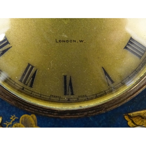 1661 - An early 20thC mantle clock with blue chinoiserie decorated case, the brass dial signed Mappin & Web... 