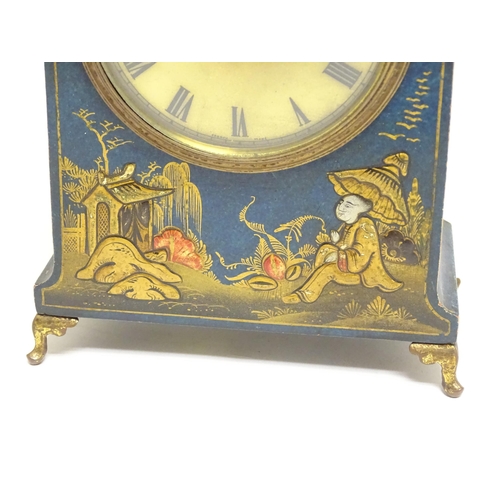 1661 - An early 20thC mantle clock with blue chinoiserie decorated case, the brass dial signed Mappin & Web... 