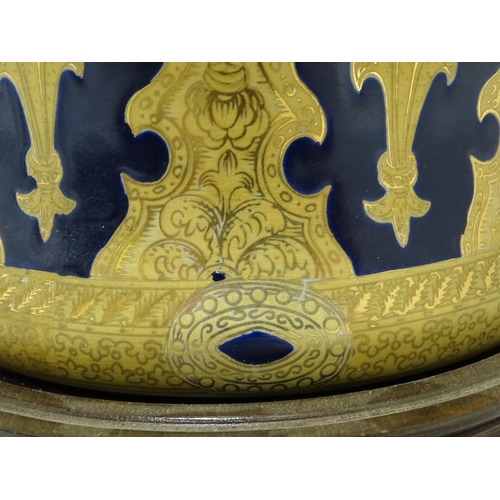 1671 - A large 20thC table lamp formed as a Chinese jar and cover, the blue ground with gilt floral and fol... 