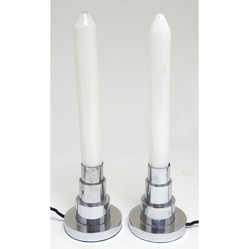 1693 - A pair of 20thC Art Deco table lamps with chrome stepped bases and candle bulbs. Marked with Rd77708... 