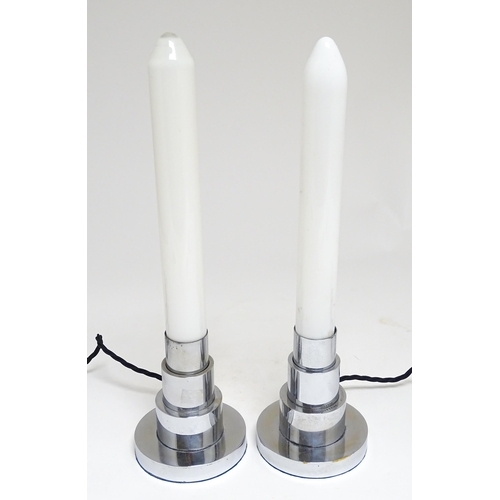 1693 - A pair of 20thC Art Deco table lamps with chrome stepped bases and candle bulbs. Marked with Rd77708... 