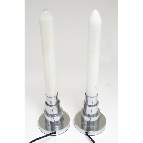 1693 - A pair of 20thC Art Deco table lamps with chrome stepped bases and candle bulbs. Marked with Rd77708... 