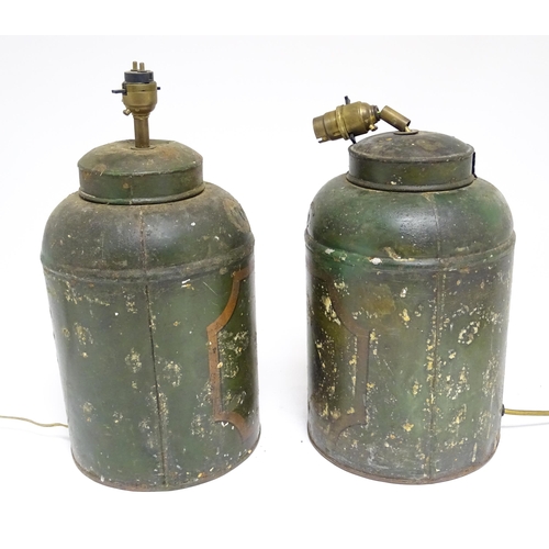 1695 - Two tole peinte table lamps of tea tin form numbered 5 and 6. Approx. 14