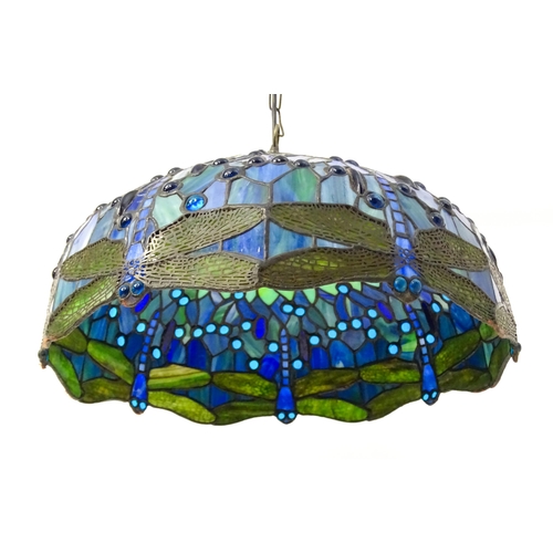 1703 - A Tiffany style pendant light with dragonfly and glass cabochon detail. Approx. 20