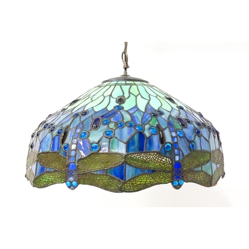 1703 - A Tiffany style pendant light with dragonfly and glass cabochon detail. Approx. 20